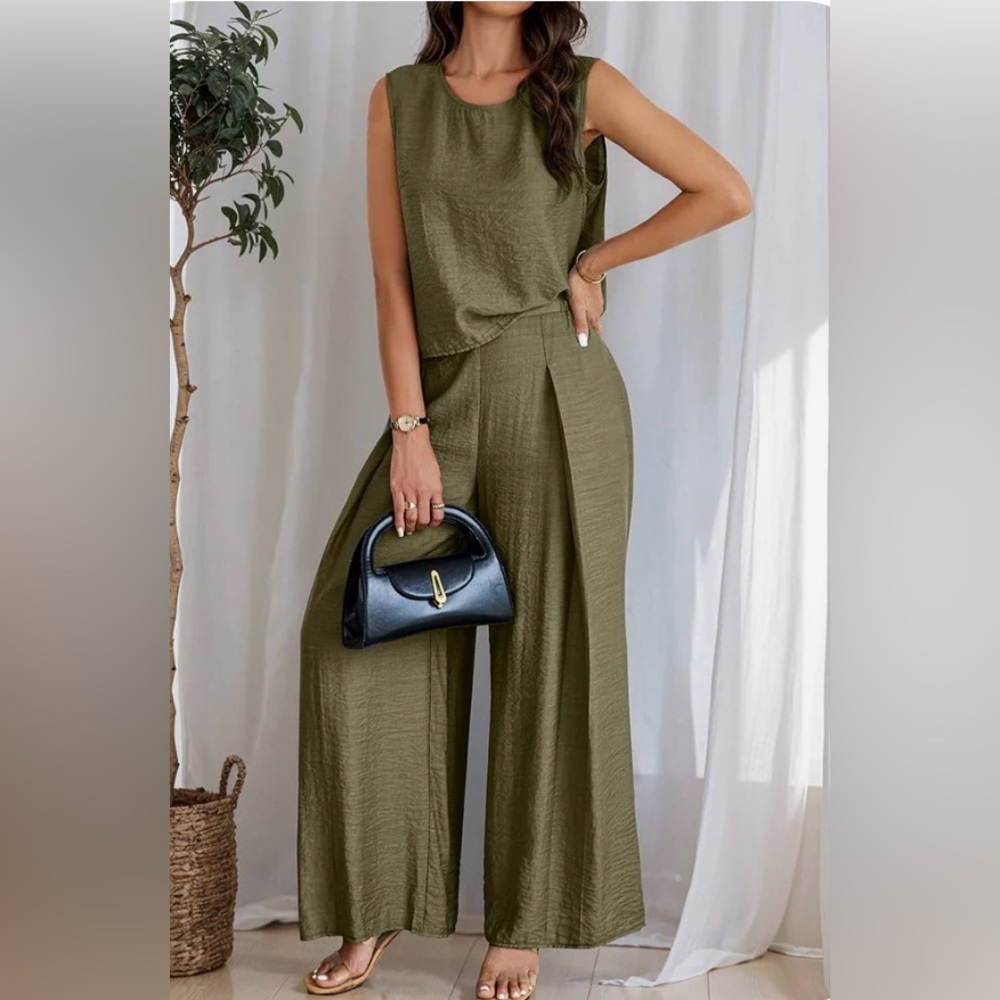 Wide Leg Olive Green Sleeveless Jumpsuit